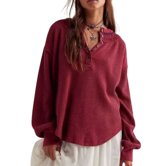 Free People Tops - Free People We The Free Holly Henley Red Oversized Top Boho Blouse Size Large